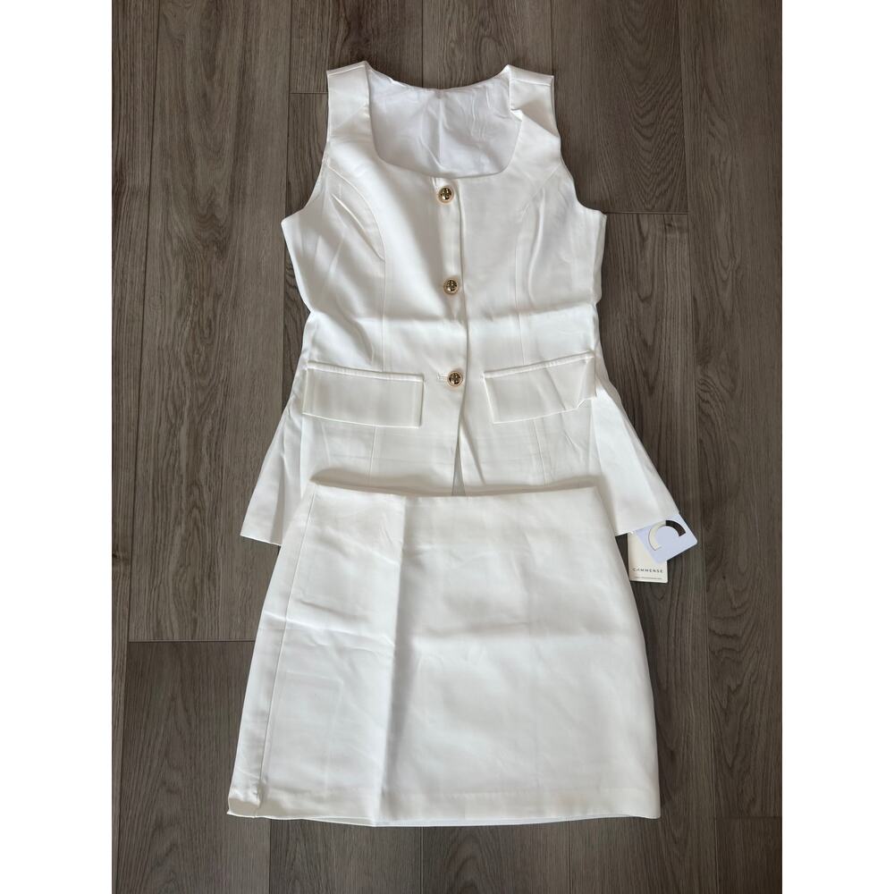 Commense Minimalist Elegant Sleeveless Square Neck Old Money Skirt Set White M - Picture 2 of 7